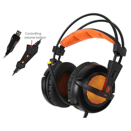 - SADES A6 Gaming Headphone with Mic USB Professional Over Ear Stereo Gaming Headset with LED Noise Cancellation & Wonderful Sound Effect Music Earphones Black with Orange for Desktop Notebook Laptop