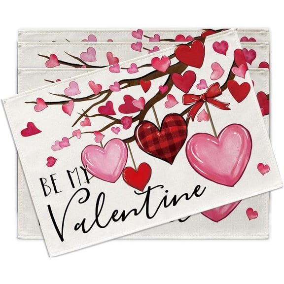 Valentines Day Placemats Set of 4, Be My Valentine Red Love Heart Branches Dining Place Mats Table Decor, Anniversary Wedding Home Kitchen Decoration 12 x 18 Inches