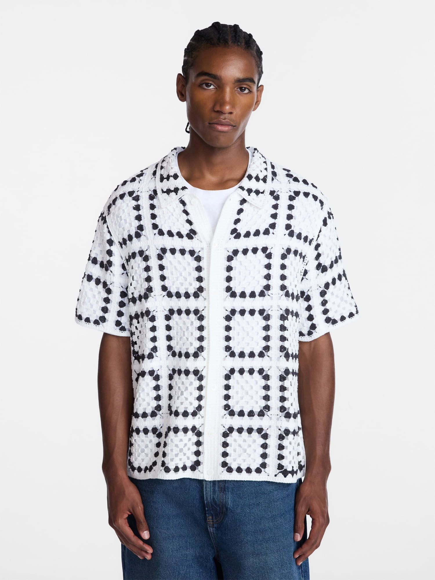 No Boundaries Men's Faux Crochet Pattern Boxy Fit Button Through Sweater Polo, Sizes XS-3XL