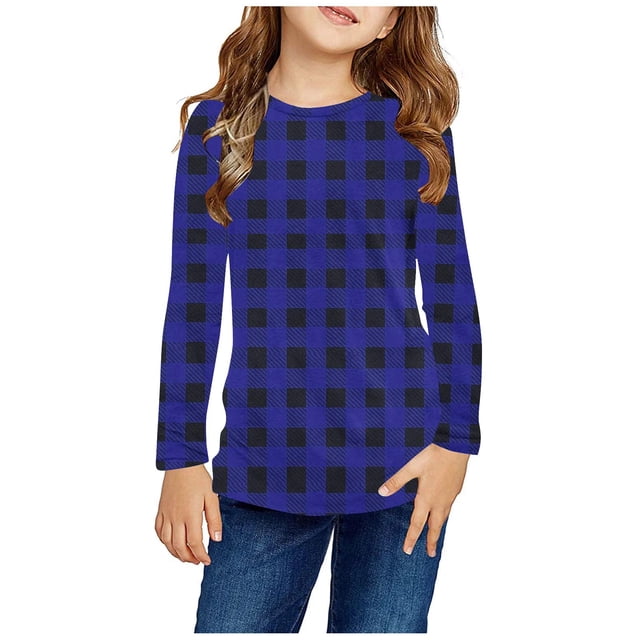 RXIRUCGD Chemises à Manches Longues pour Filles, Col Rond Mignon, Blouses Décontractées Élégantes, Bleu, Taille : 9 Ans