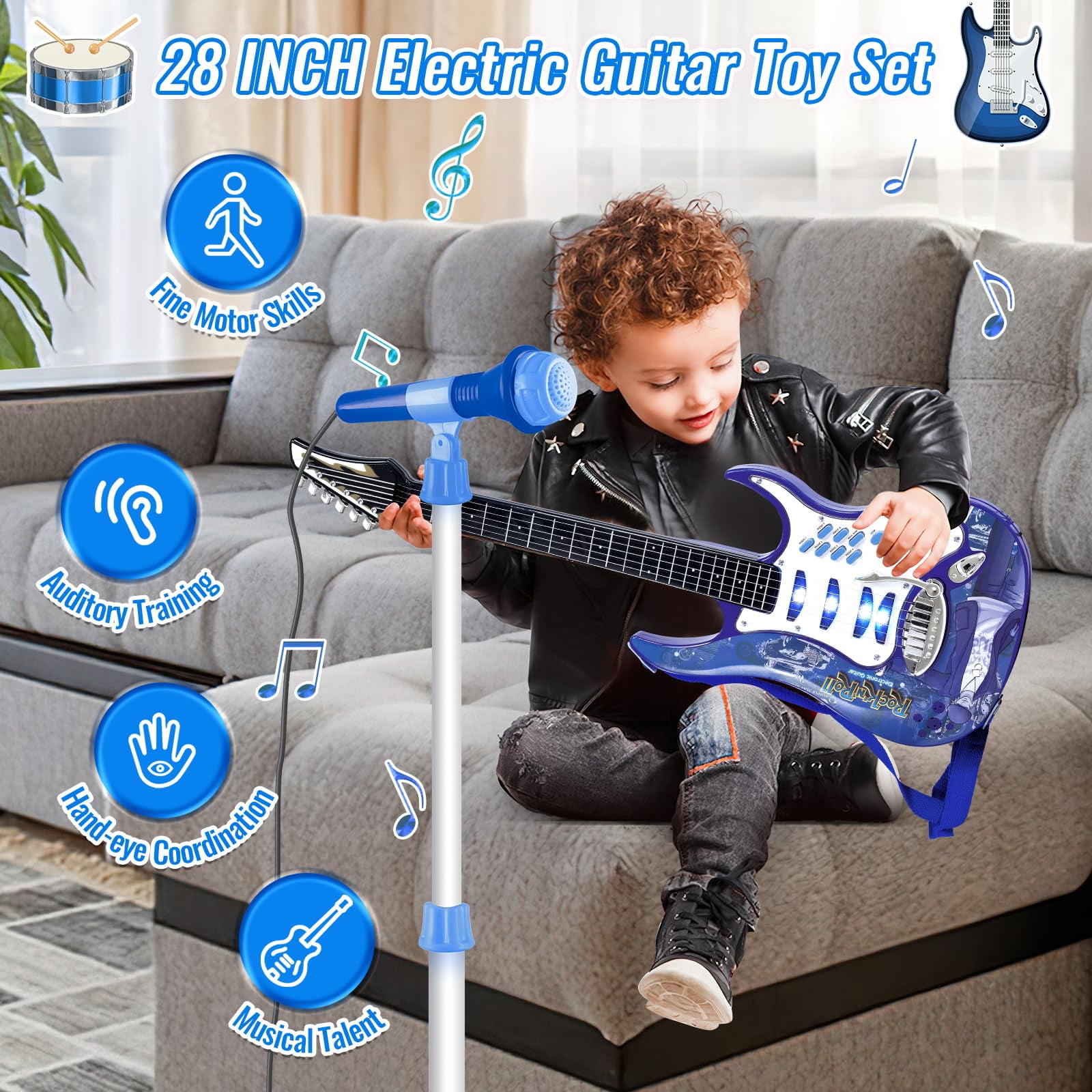 iMeshbean Kids Electric Guitar Beginner Musical Guitar Play Set w/ 6 Demo Songs, Amplifier, Microphone, Whammy Bar, AUX- Blue