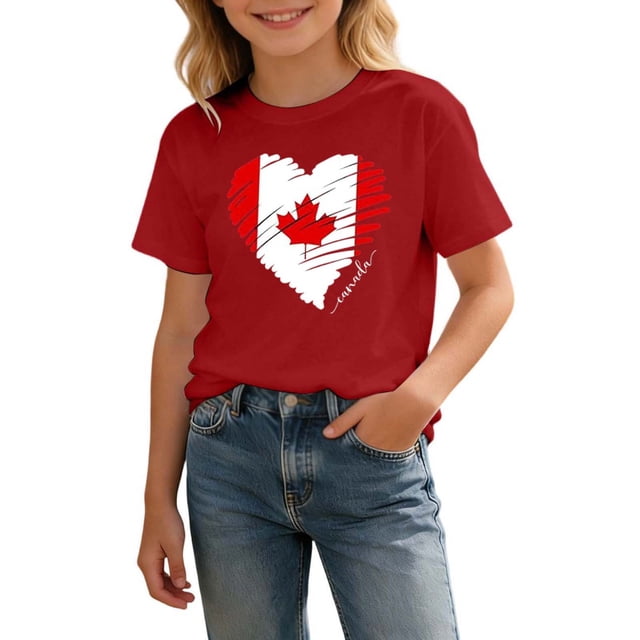 T-Shirt Canada Filles Feuille d'Érable Drapeau Canadien Col Rond Manches Courtes Tee Garçons Fête Nationale T-Shirt Graphique Hauts Enfants Fille Fête du Canada Col Rond T-Shirt Imprimé Drapeau Canadien