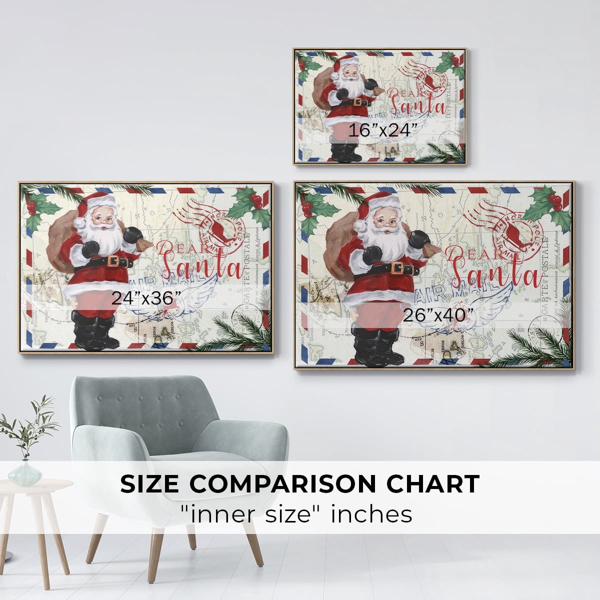 Christmas Par Avion Collection A - Framed Gallery Wrapped Holiday Canvas - 27 x 41 - Natural Wood Frame