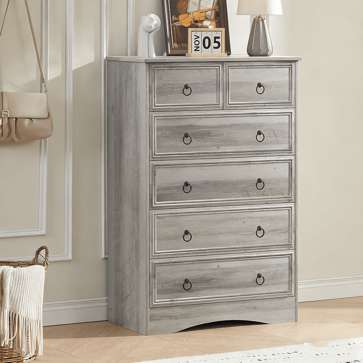 Meteorleg Farmhouse 6 Drawer Dresser, Grey Chest of Drawers, 48" Tall Dressers for Bedroom, Rustic Wood Storage Organizer for Living Room, Hallway, Closet