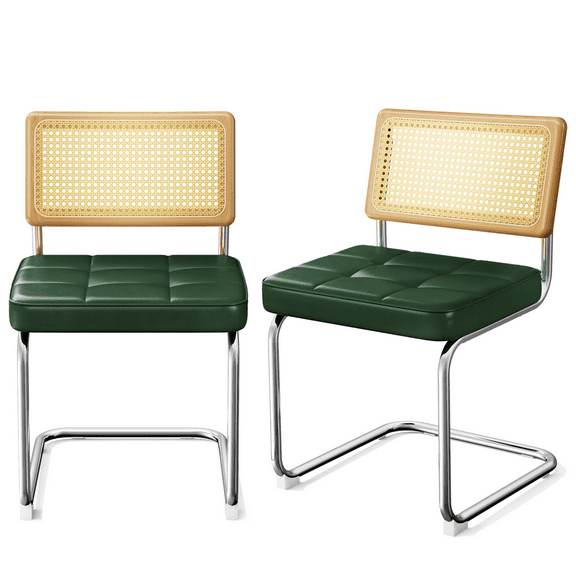 Modern Mid-Century Dining Chairs Set of 2, Natural Rattan & Faux Leather, Stackable Design for Kitchen/Living Room (Green)