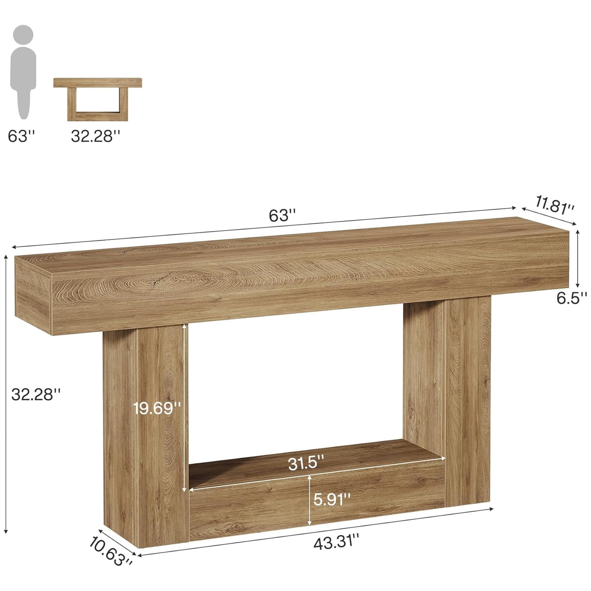 63" Farmhouse 2-Tier Console Table, U-Shaped Base Entryway Table, Narrow Wood Sofa Table Behind Couch for Living Room & Hallway (Light Brown)