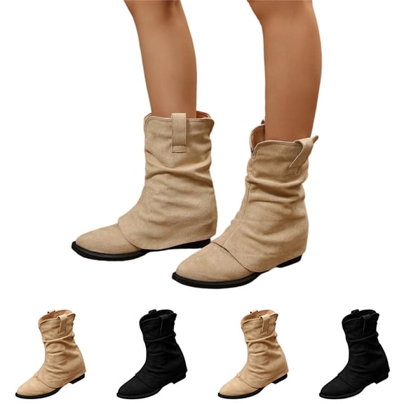 Willtoo Suede Boots for Women Mid Calf Pointed Toe Fold Over Flat Heel Slouchy Boots Fashion Ruched Casual Solid Non-Slip Wide Calf Pull On Booties