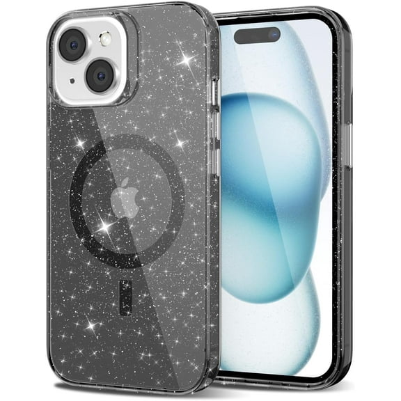 for iPhone 15 Plus Case Clear Magnetic Glitter Compatible with Magsafe, Sparkle Bling Hard Magnet Mag Cover Non-Yellowing, Shiny and Cute Protective Phone Case for Women Girl, Black