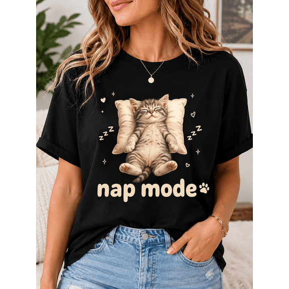 Women's Cute Cat Graphic T-Shirt, Sleepy Kitten Nap Mode Print Tee, Casual Short Sleeve Crew Neck Shirt, Funny Pet Lover Top