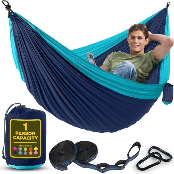 Hamaca duradera con capacidad de 400 lb, silla tipo hamaca para acampar de nailon, tamaños doble o individual con correas para árboles y bolsa de transporte adjunta, portátil para viajes/mochilero/pla