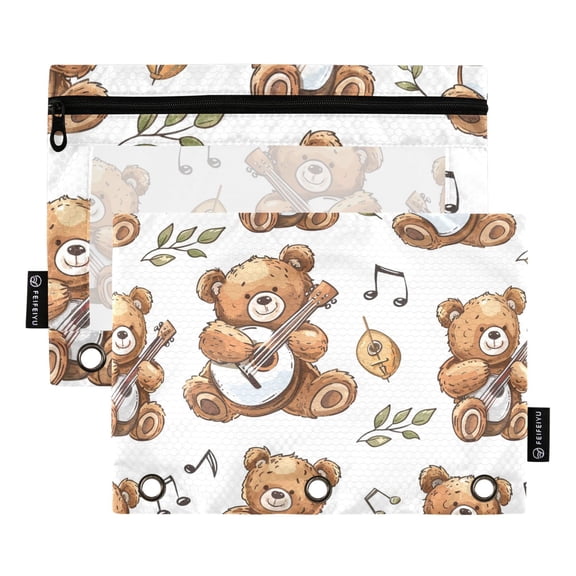 Bear Playing Guitar 2 Pack Pencil Pouch for 3 Ring Binder Smooth Zipper Folders with Pockets Clear Window Pencil Case