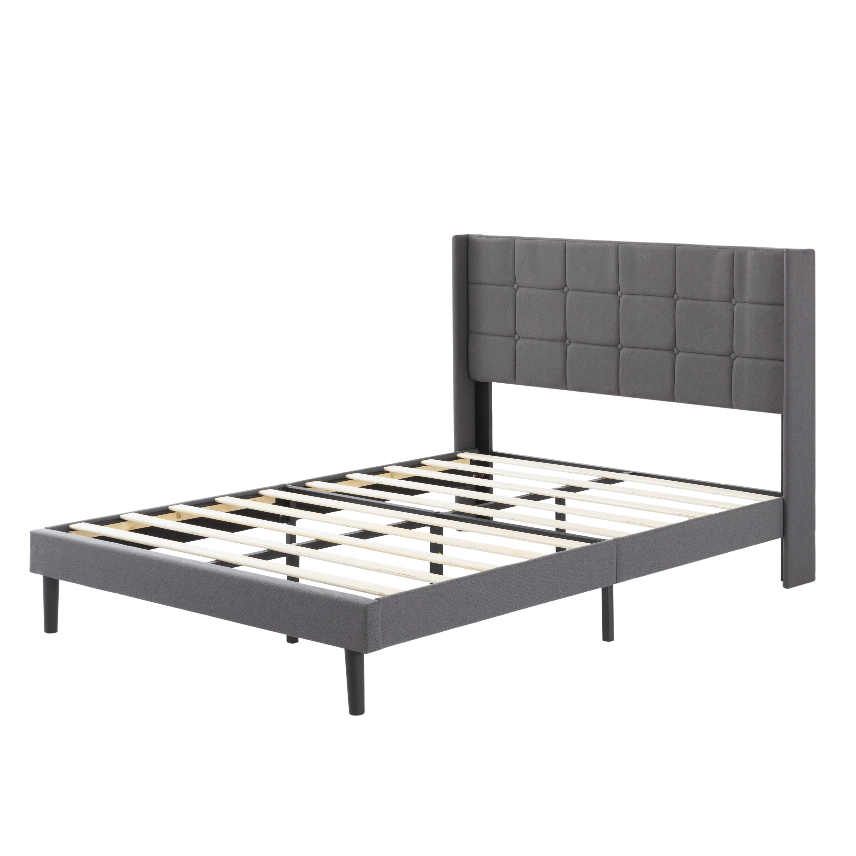 BSHTI Simple Modern Design FULL Size Platform Bed Frame with Upholstered Headboard and Wood Slats Support for Bedroom