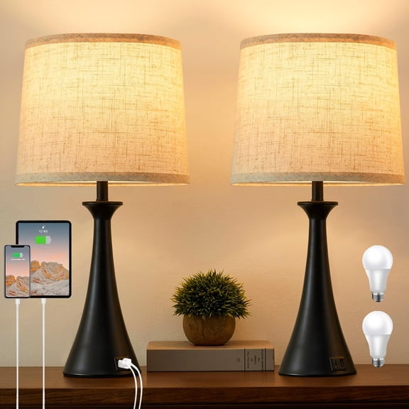 Touch Lamp for Living Room Bedroom, 21" Table Lamps Set of 2 with USB C A Ports, Touch Bedside Lamps for Nightstand with 3 Way Dimmable, 2 LED Bulbs Included, Black