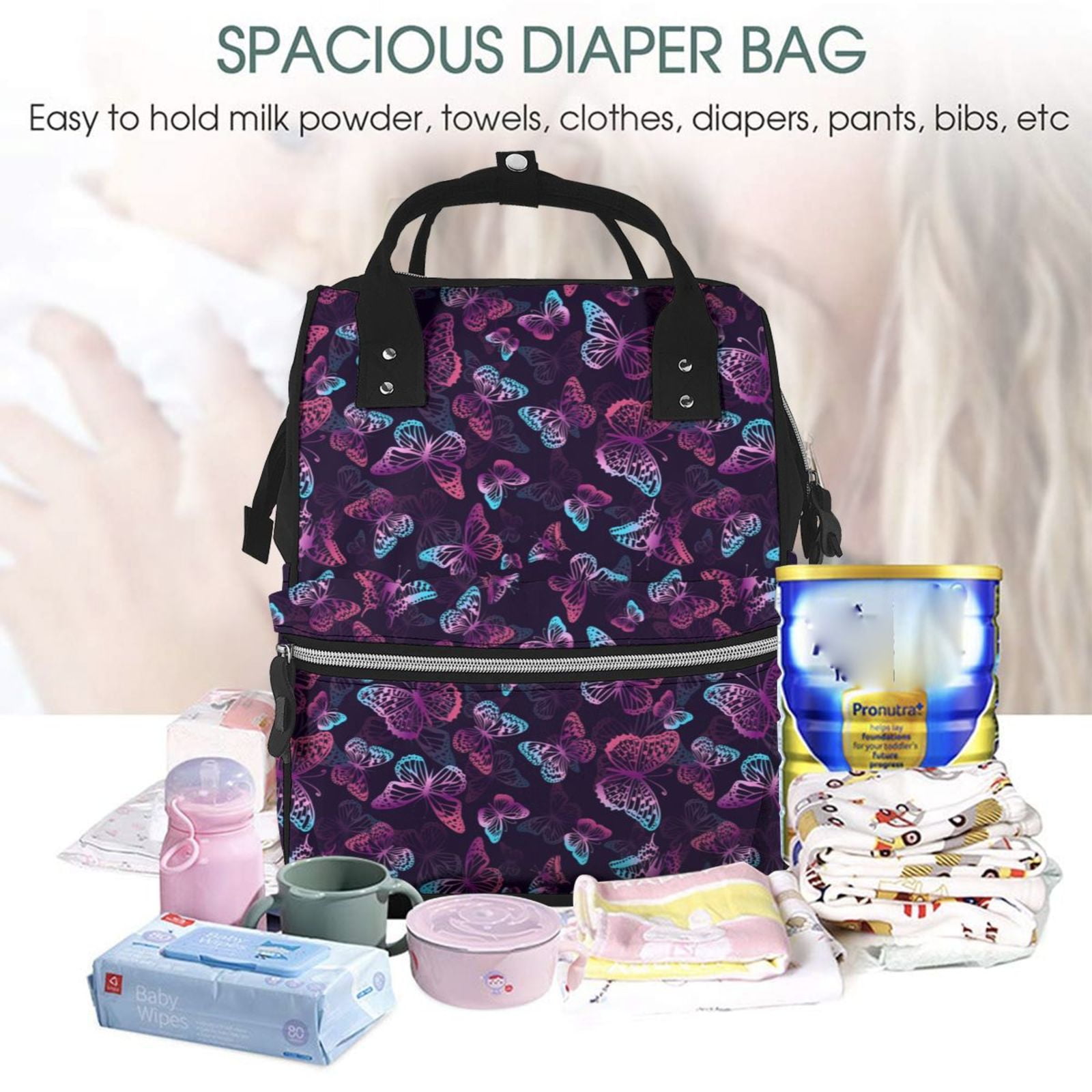 Ratiio Purple Butterfly Mummy Backpack - Waterproof Twill Canvas, Large Capacity Diaper Bag with Multiple Pockets and Adjustable Straps