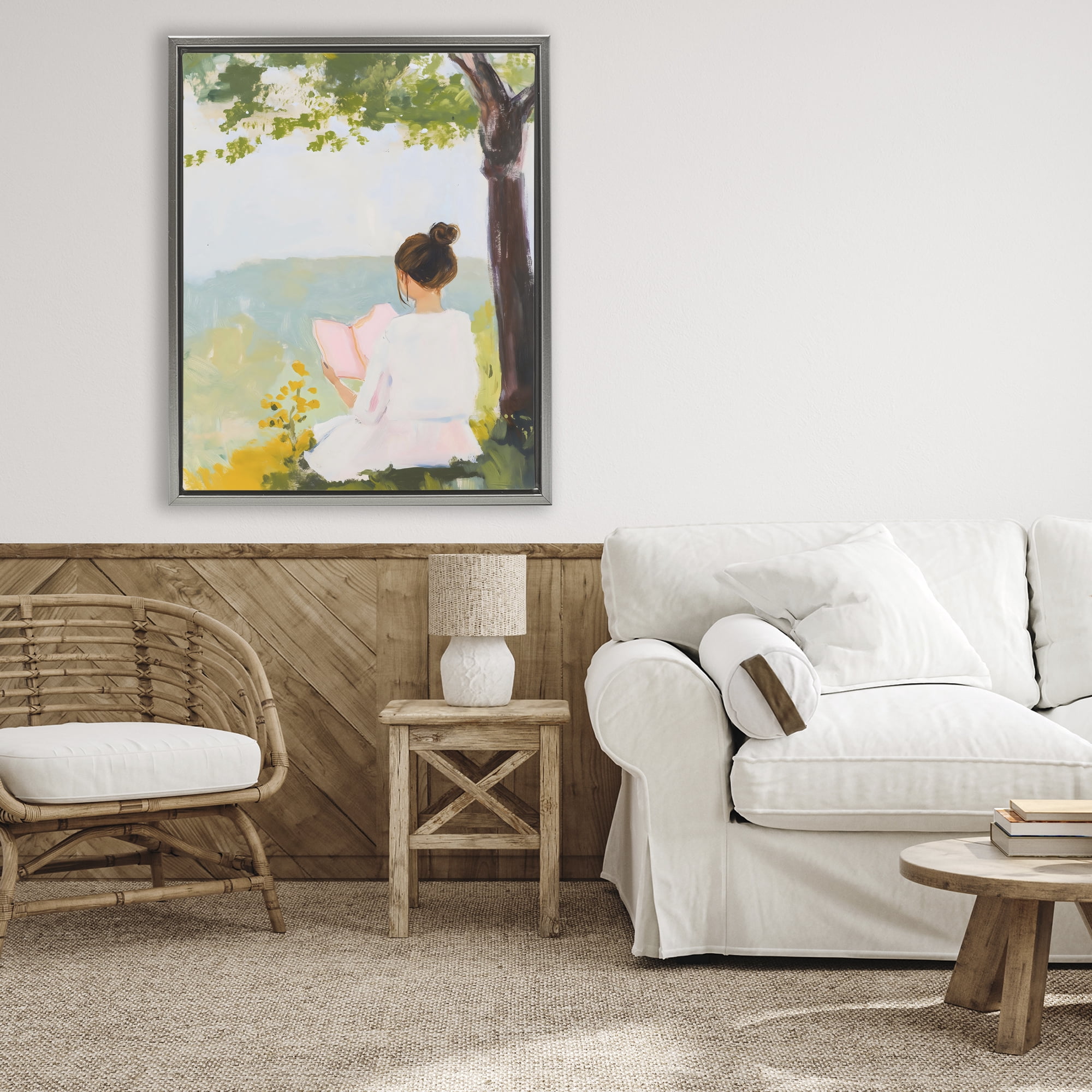 Stupell Industries Girl Reading in Nature Gray Framed Floater Canvas Wall Art, design by The Prints Vibe
