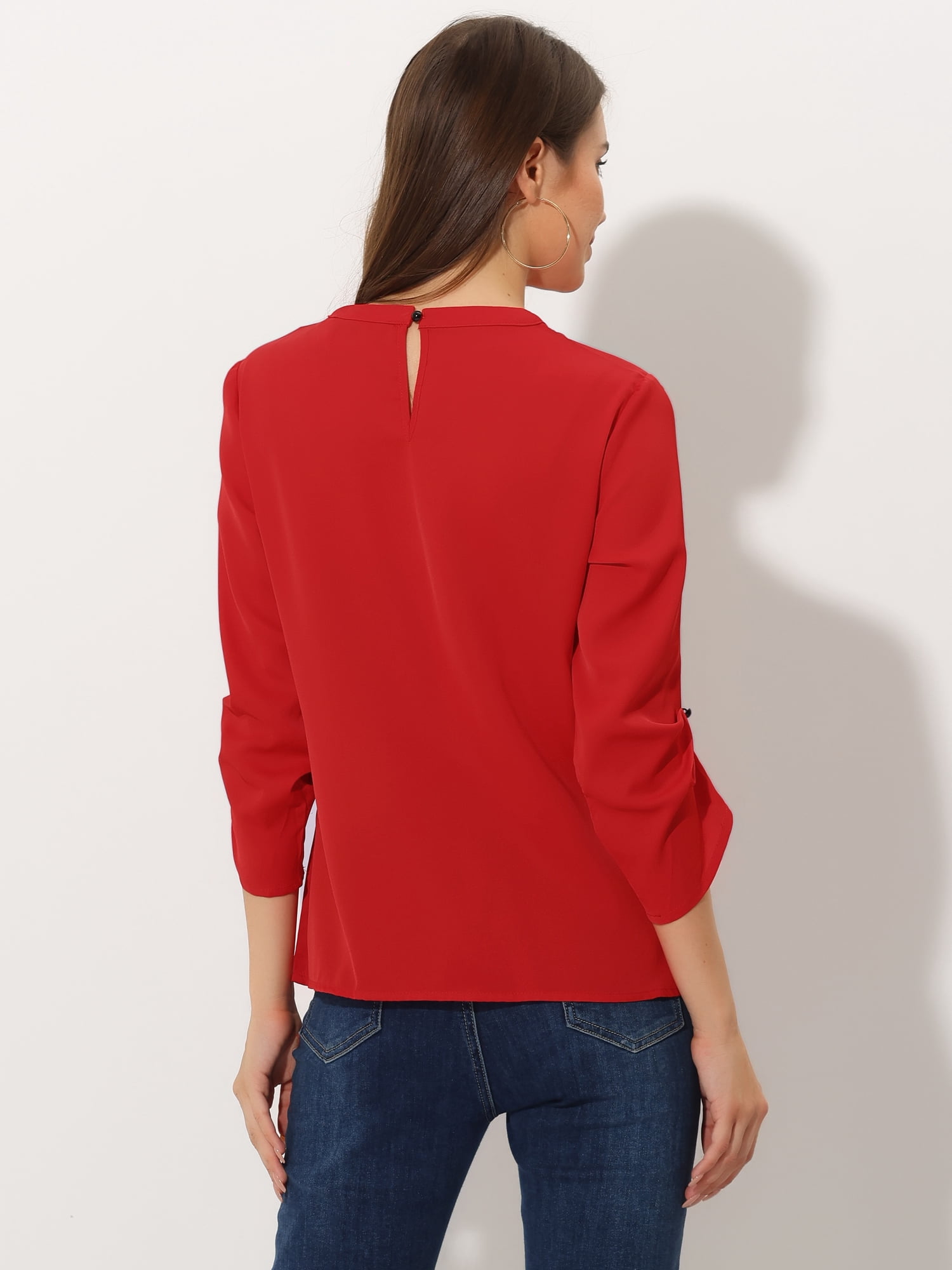DARING DIVA Round Neck Keyhole Pleated Shirred Work Top L Red