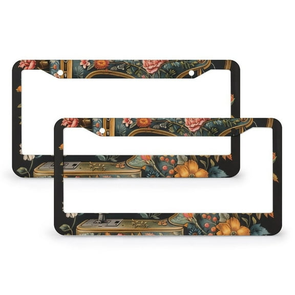 License Plate Frame Mixed Floral Vintage Sewing Machine Funny License Plates 2 Pieces Sewing Lovers Gift Quality Aluminum License Plate Cover for Women Men US Vehicles Standard 15.9*30.9CM
