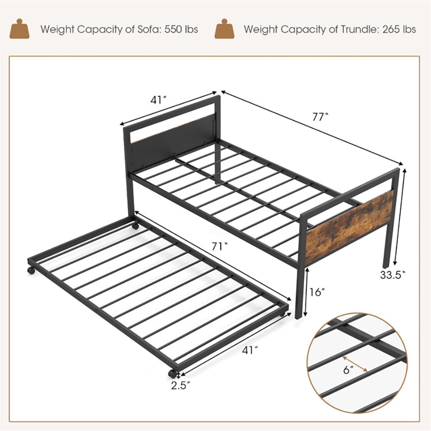 Demi Bonn Twin Size Metal Daybed with Trundle Lockable Wheels, Modern Bed Frame for Teens, Black