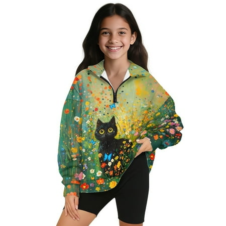 Xoenoiee Cat Butterfly Flower Print Half Zip Sweatshirt for Girls Long Sleeve Pullover Tops Kids Stand Collar Lightweight Fleece Winter Clothes Size 7-8 Years