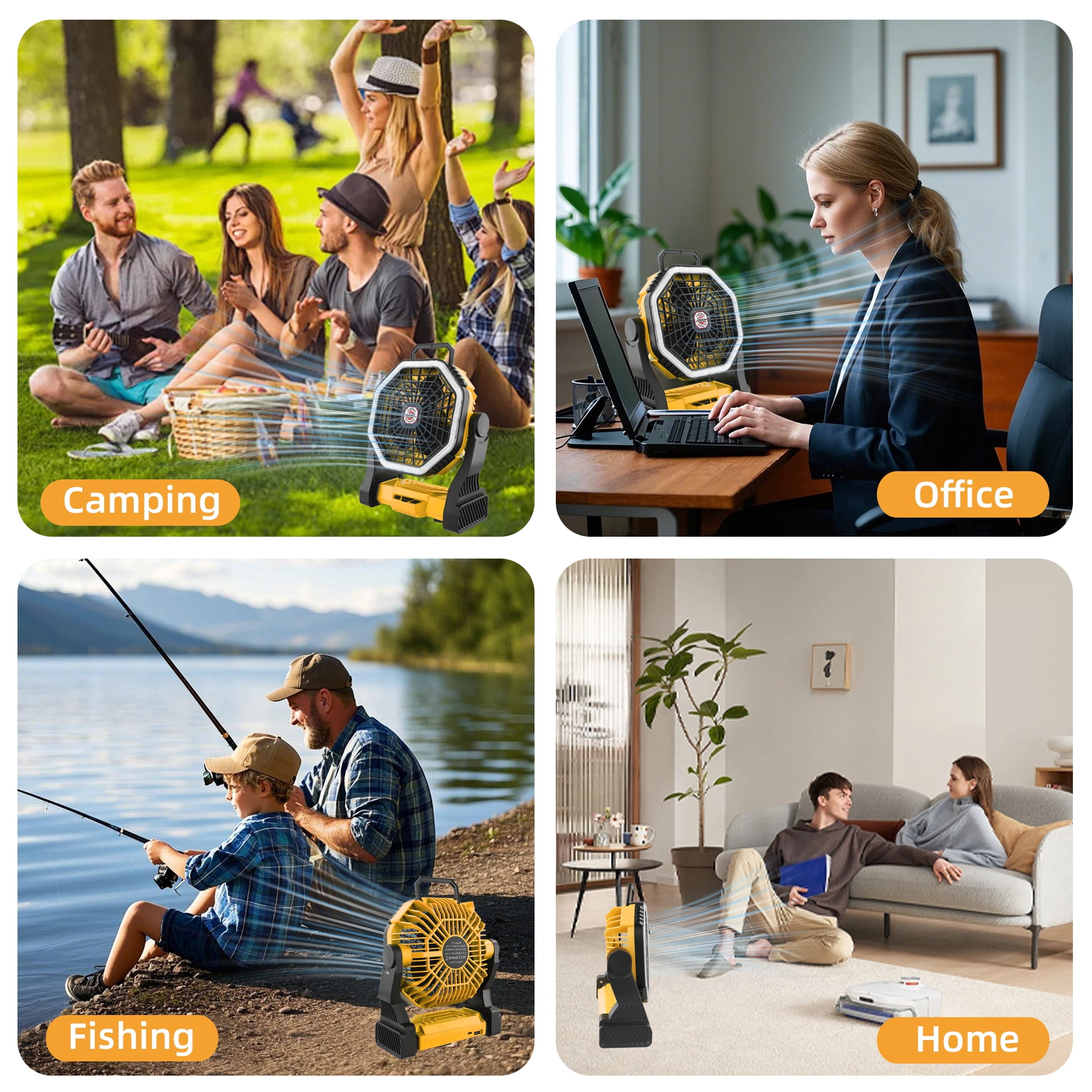 Roykaw Portable Fan for Travel, 10400 mAH Rechargeable Camping Fan, Cordless Battery Powered Fan with Led Light, Battery Fan with Handle, for Tent, Fishing, Hurricane Fan for Bedroom, Yellow