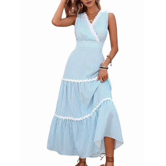 Women Summer Flutter Sleeveless Smocked Midi Dress Casual High Waist Tiered Flowy Dresses Blue S