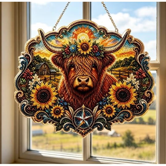 Highland Cow Diamond Art Painting Kit, Hanging Diamond Art Suncatchers Window Pendants, Cute Diamond Painting Crafts Gift, DIY Special Shaped Gem Wall Ornament for Adults