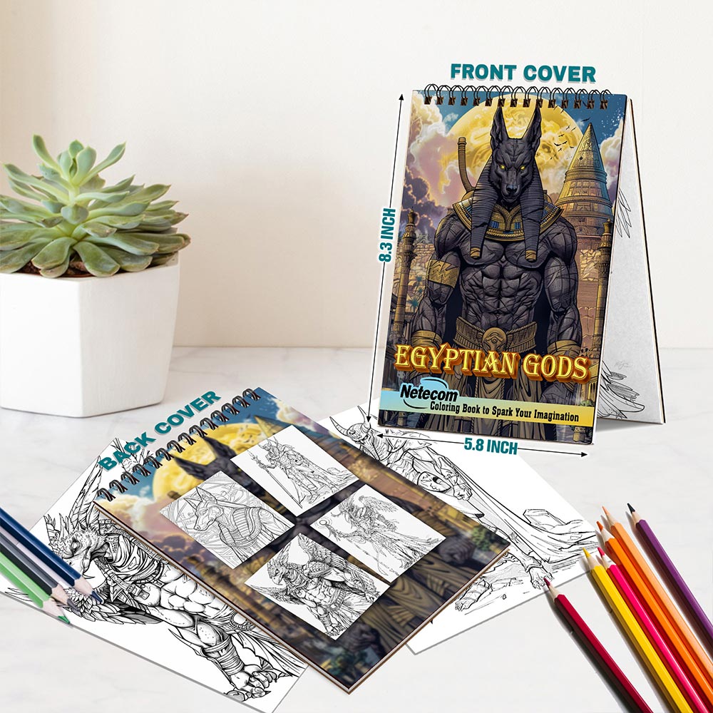 Netecom Egyptian Gods Coloring Book for Adults, A5 Wooden Cover, Spiral Bound, 30 Stunning Illustrations of Ancient Mythology for Stress Relief and Relaxation