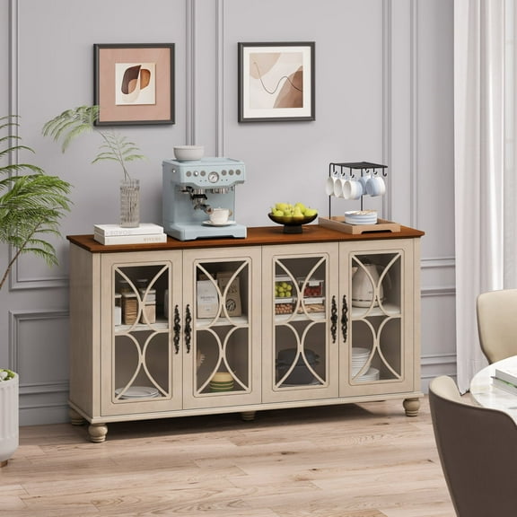 Newboti Furniture Elegant European Antique Style 4-Door Cabinet with Tempered Glass Doors,for Dining Room,Living Room,Hallway,Easy Assembly,Beige 60523