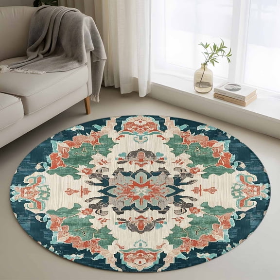 Round Area Rug 4 Ft, Teal Green Boho Floral Washable Non-Slip Circle Carpet for Living Room/Bedroom, Southwestern Ethnic Flowers Retro Low-Profile Crawling Mats Collection Rugs for Indoor