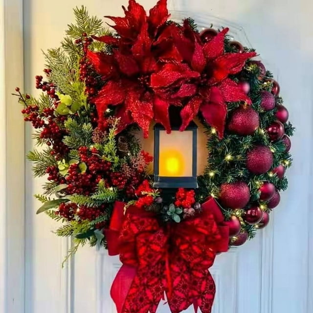 Adornos navideños Lámparas de aceite navideñas Flores rojas navideñas Coronas navideñas para colgar en la puerta