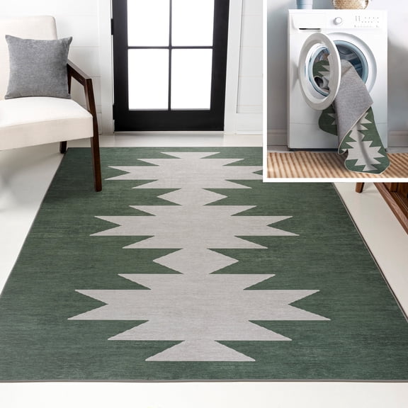 JONATHAN Y WASHABLE 4 x 6 Area Rug, Chayton Minimalist Geometric - Dark Green/Light Gray, WSH110C-4