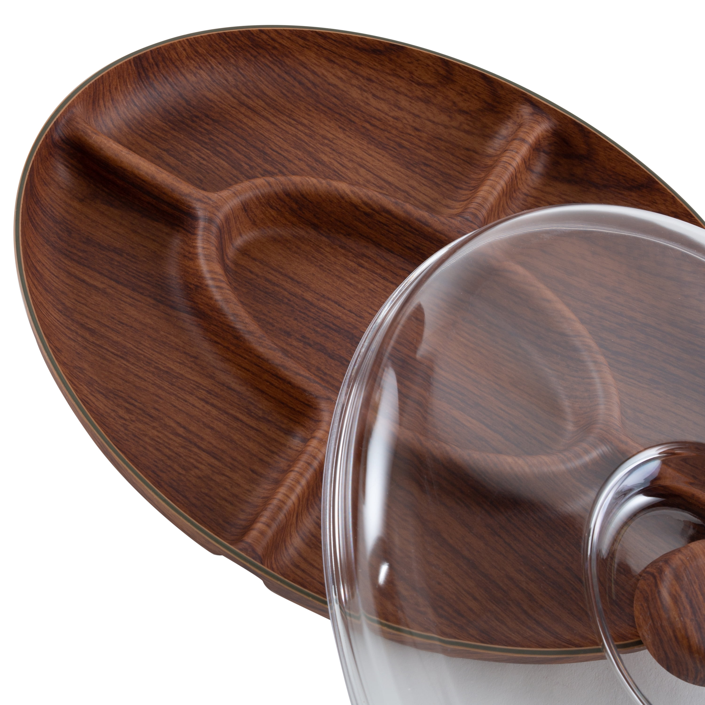 Luxe Party Wood Look 5 Section Oval Serving Tray with Cover, 8.8"x 11.8", Brown