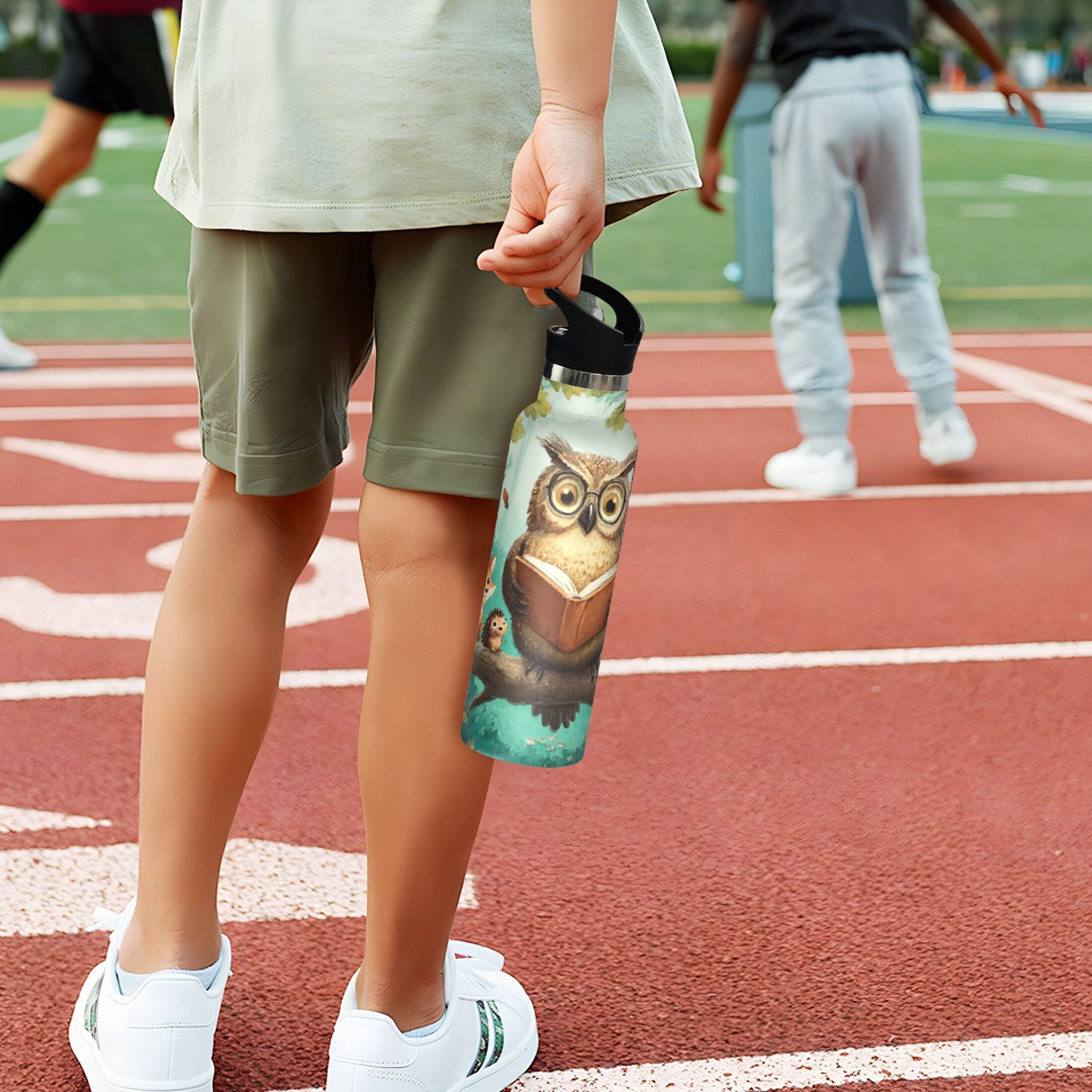 Kids Insulated Stainless Steel Sports Water Bottle 600ml (20oz) Owl Wearing Glasses