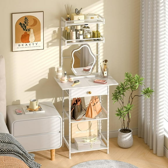 Small Vanity Desk Without Mirror, Makeup Vanity Table for Small Space, Compact White Dressing Table with Fabric Drawers, Makeup Vanity with Storage for Bedroom, White, 23.6in(W)