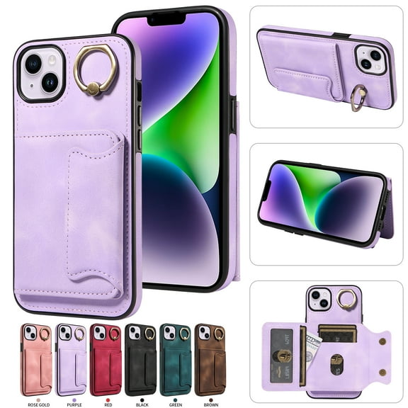 Nalacover for iPhone 13 Ring Holder Wallet Case with Kickstand Magnetic Clasp, Credit Card Slots Holder Premium PU Leather Purse Cover, TPU Bumper Shockproof Anti-Scratches Case,Purple