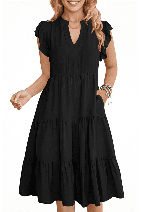 Summer Dresses for Women Ruffle Sleeve V Neck Midi Dress Casual Beach Sundress with Pockets