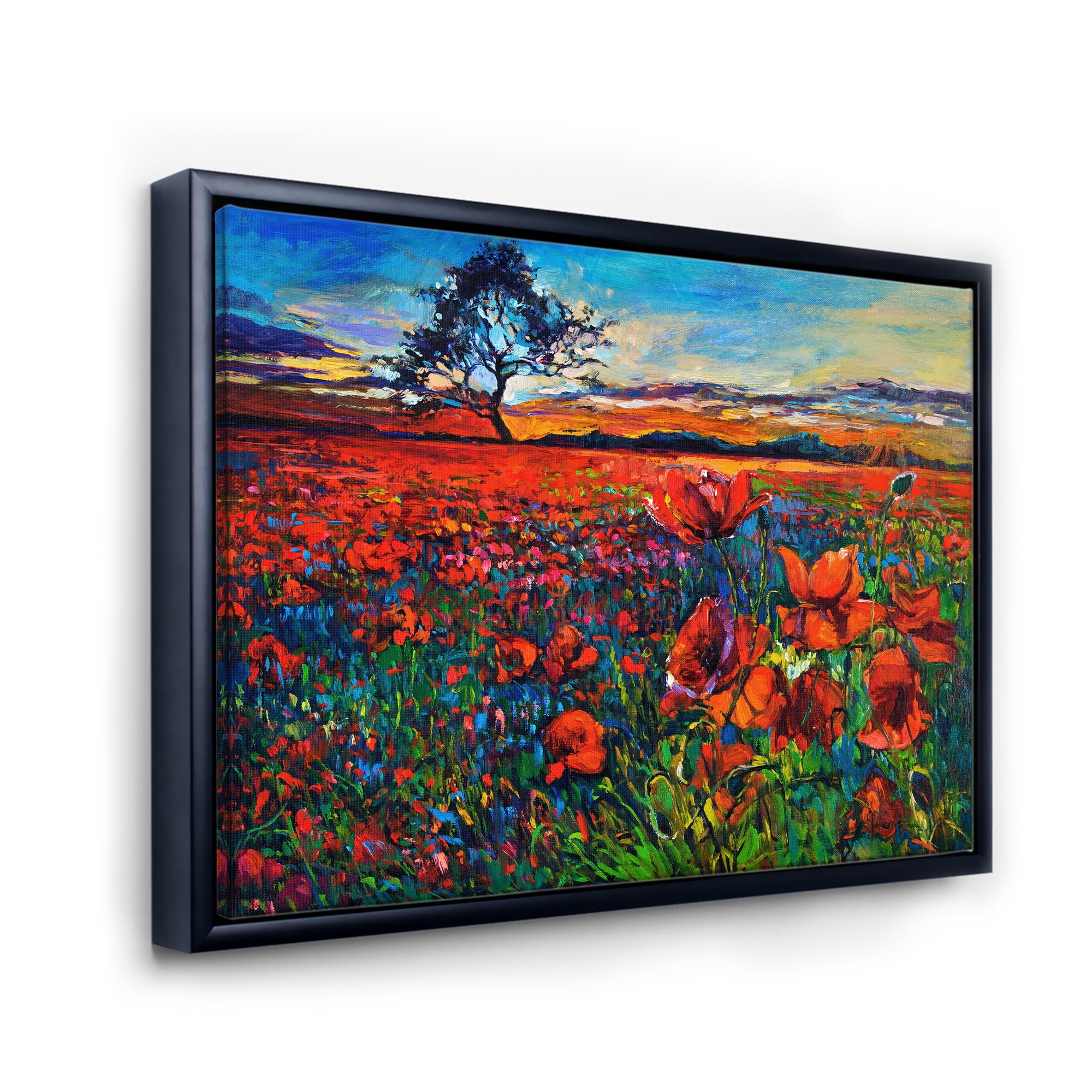 Designart 'Blossoming Red Poppy Fields With Distant Tree' Traditional Framed Canvas Wall Art Print