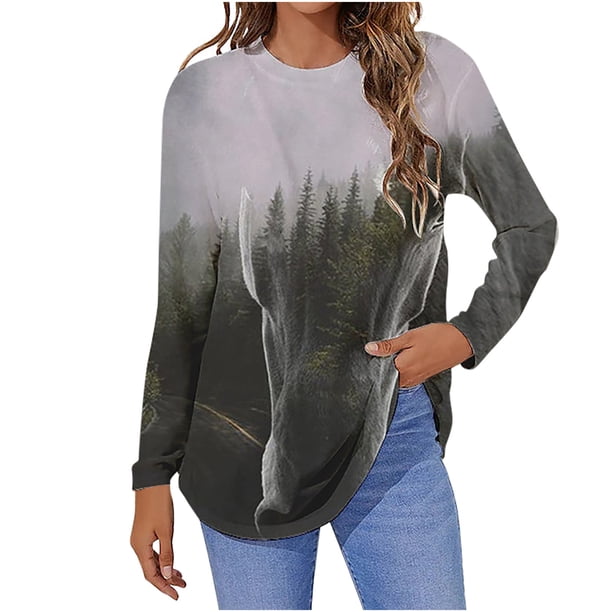 Camisas Para Mujer, Camisetas de Gran Tamaño, Camiseta de Moda Informal de Manga Larga, Jersey Fruncido Con Cuello Redondo Estampado, Blusa, Tops Odeerbi ODB136019