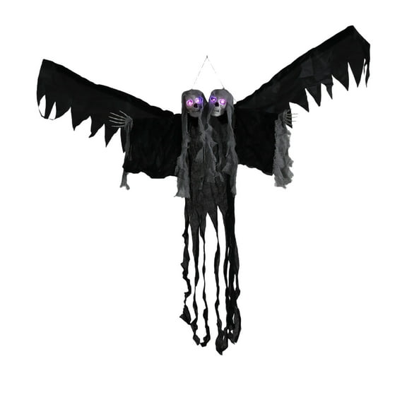 Halloween Animated Double Head Ghost Decorations,Hanging Skeleton Props,Scary Light Up Eyes Ghost with Bat Wings for Haunted House,Porch Lawn,Flying Ghosts Decor