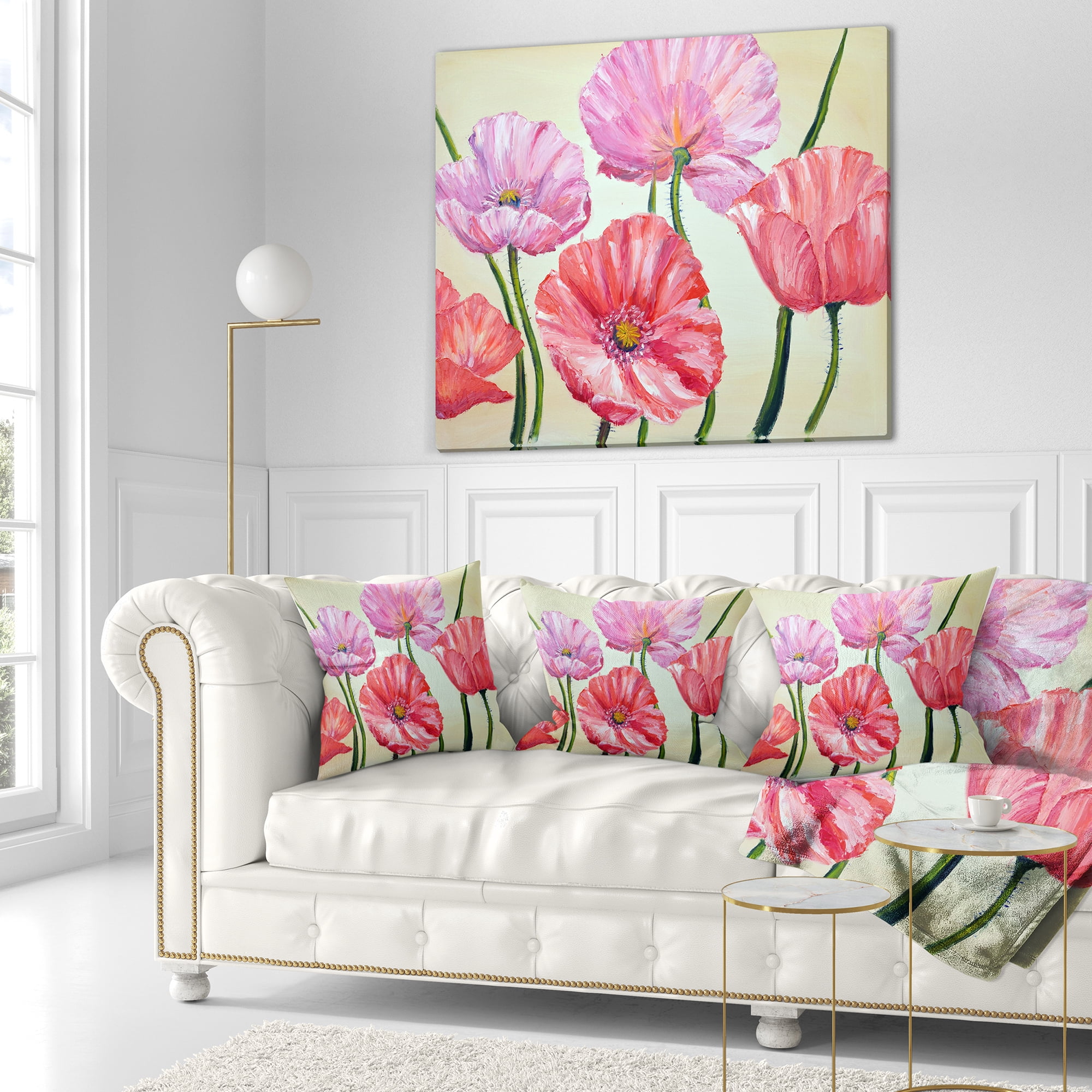 Designart Red and Pink Poppies - Floral Throw Pillow - 18x18