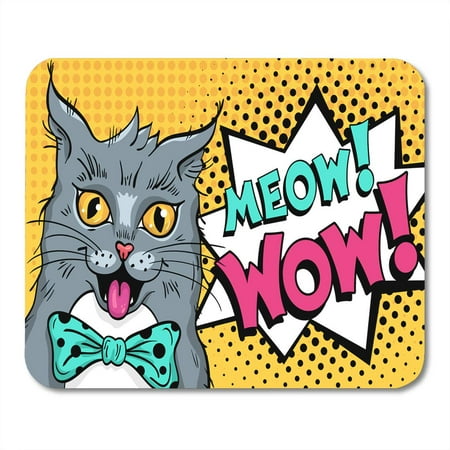 SIDONKU Gray Pet Meow Wow Pop Cat Face Funny Surprised Open Mouth Speech Bubble in Retro Comic Yellow Food Mousepad Mouse Pad Mouse Mat 9x10