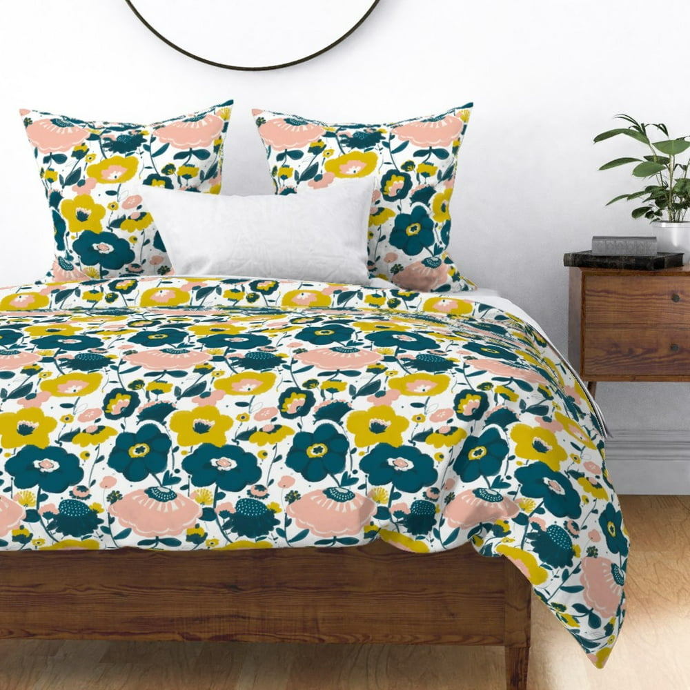 Floral Blush Pink Mustard Yellow Dark Teal Fable Sateen Duvet Cover by