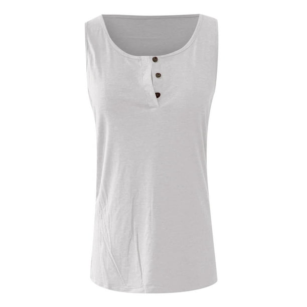 Playeras,Blusas y Tops,Ropa para Mujer Mujeres camisetas sin mangas Dressy Casual Camiseta sin mangas para mujer, cuello redondo, sin mangas, túnica, , con botones, para verano (White, M)