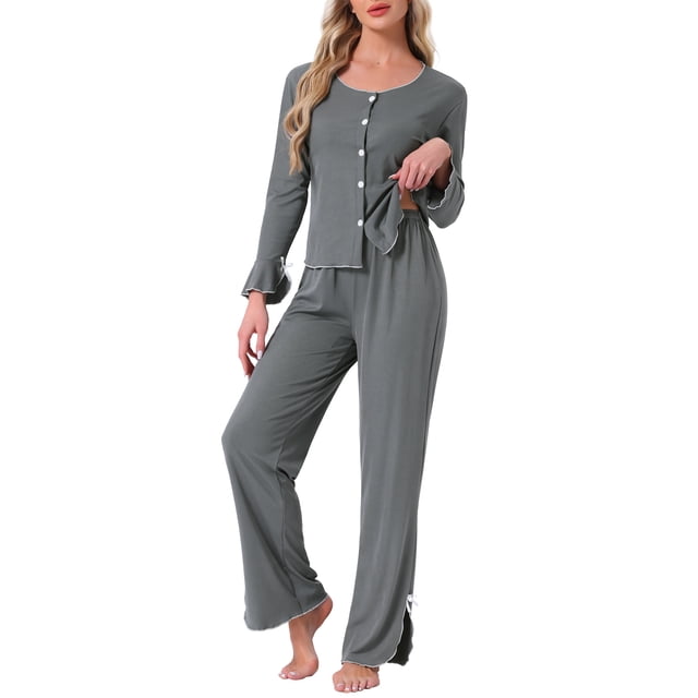 Pijamas de mujer de manga larga con lazo lateral, botones en la parte delantera, dobladillo con volantes y pantalones de pierna ancha, conjunto de ropa de dormir XL gris