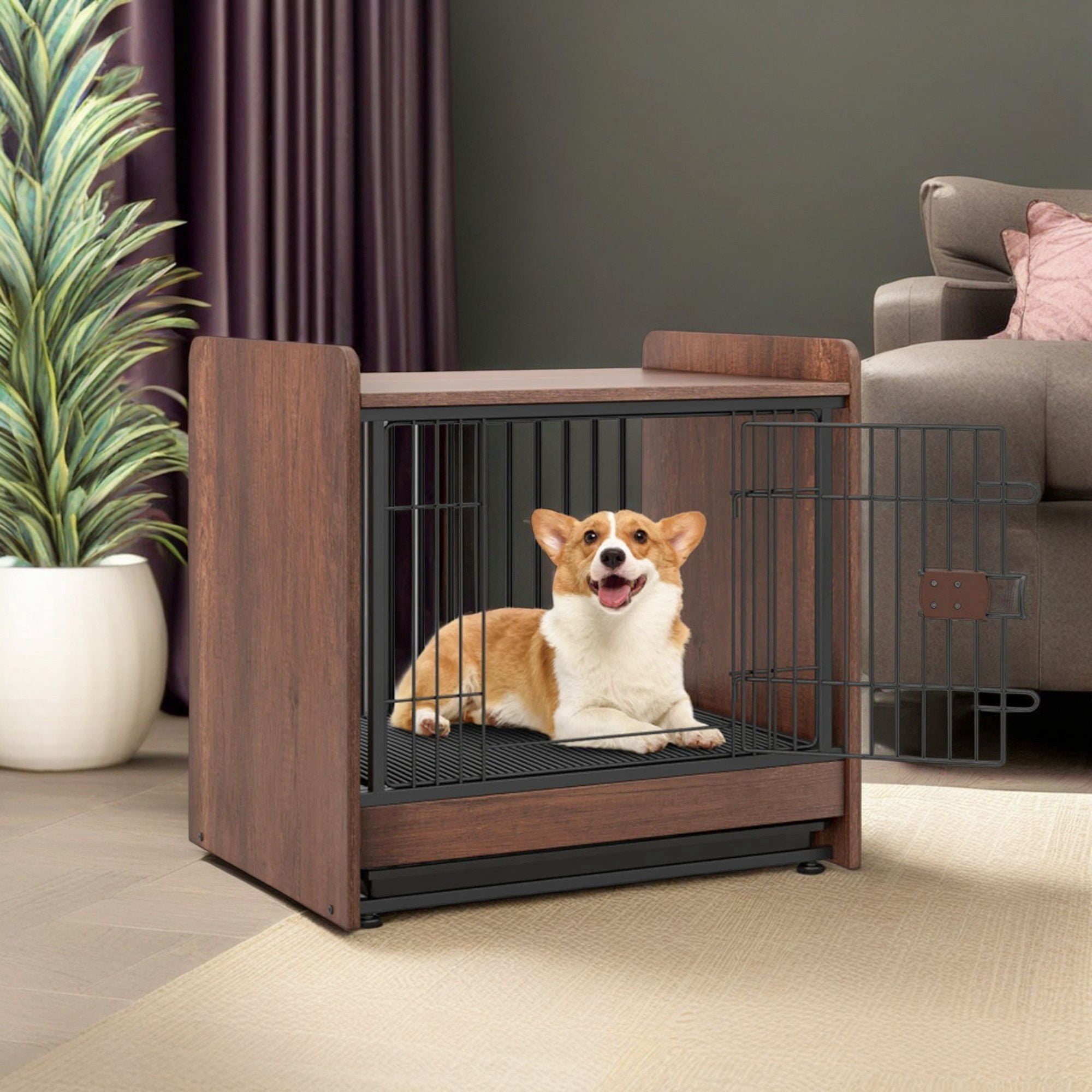 Pefilos 25" Dog Crate Furniture, Indoor Dog Kennel with Removable Tray and Lockable Door, Decorative Pet Cage Dog House, Brown