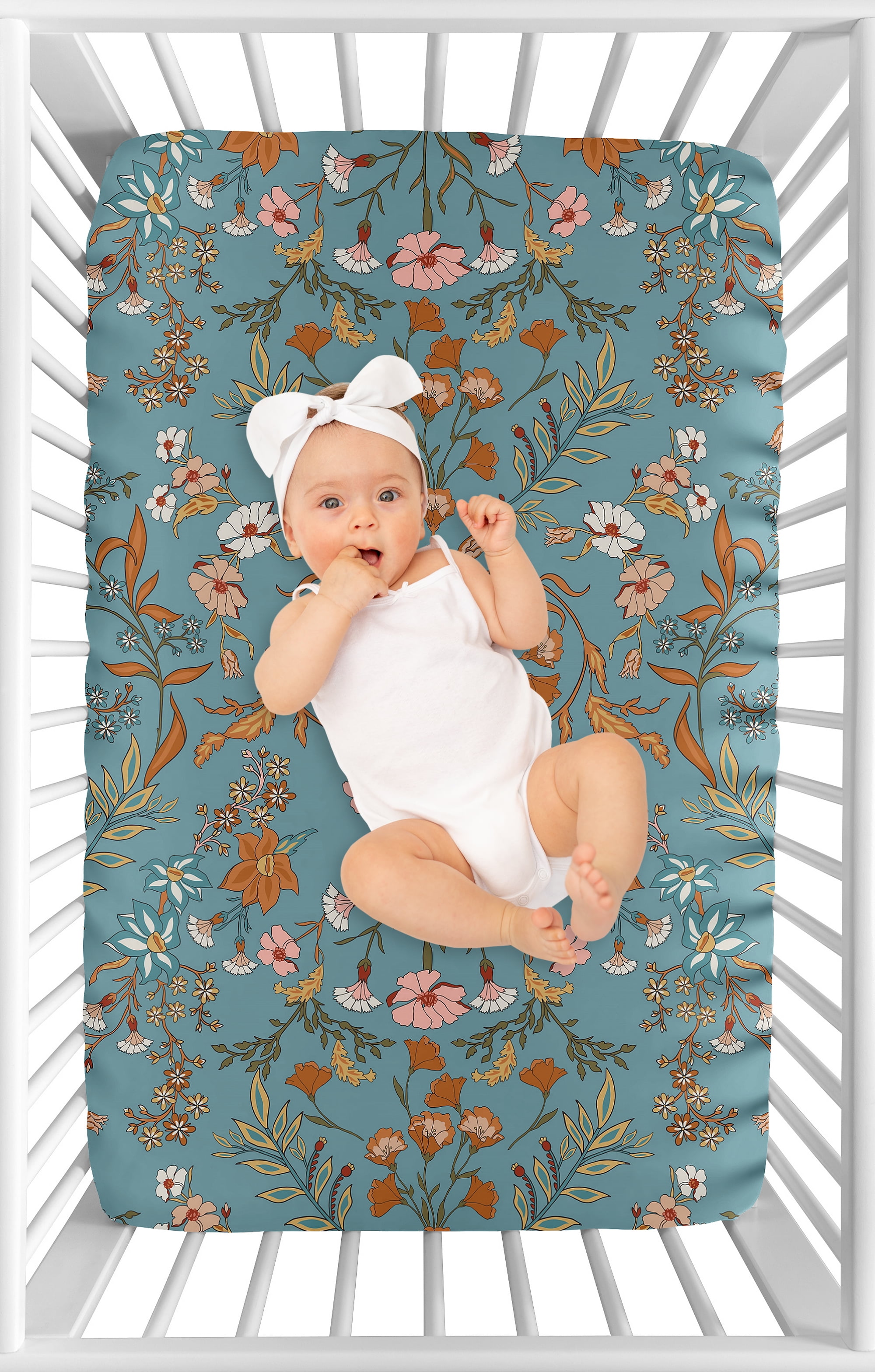 Sweet Jojo Designs Boho Floral Wildflower Blue and Orange Girl Mini Fitted Crib Sheet