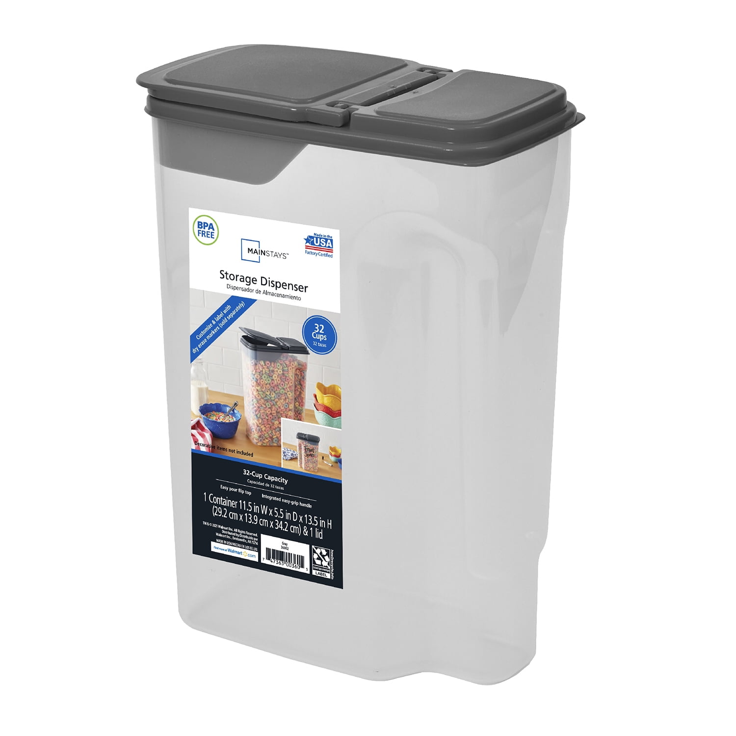 Mainstays Large Cereal Dispenser, 32 Cups - Clear Plastic, Gray Lid