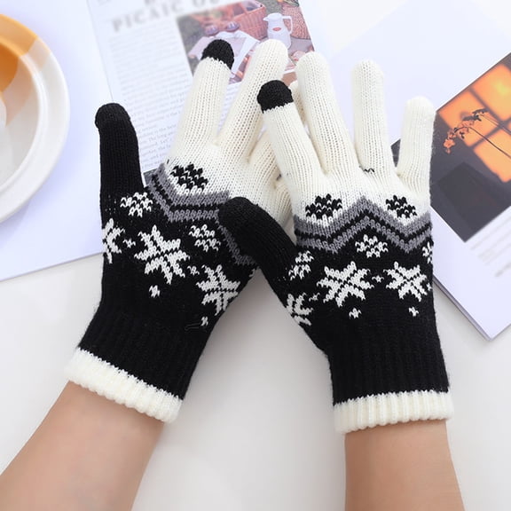 WNEGSTG Christmas Gloves for Women, Black Heated Gloves, Winter Touch Screen Gloves Snow Flower Printing Keep Warm for Women And Men