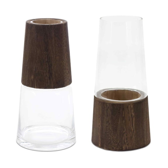 Melrose Wooden Tapered Vases - 11" - Brown and Clear - Set of 2