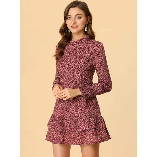 INSPIRE CHIC Women's Ruffled Crew Neck Vintage Smocked Cuff Floral Layered Mini Dress